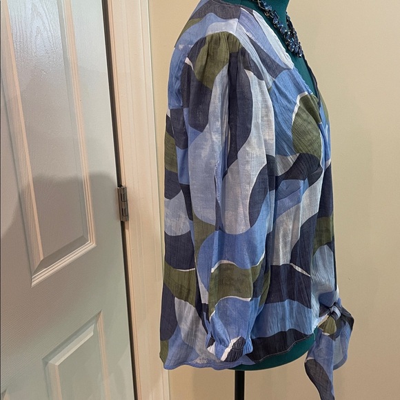 Olivia & Martin Blue and Olive Green Tie Waist Plus Size Top - Size 2X - Picture 4 of 7